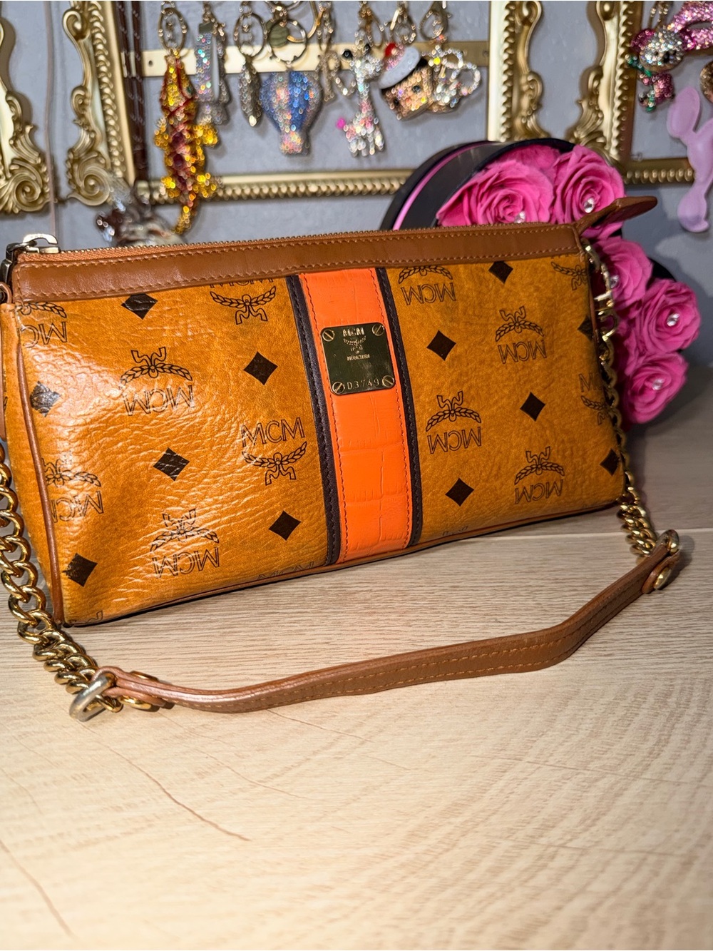 MCM Cognac with Orange Stripe Logo Shoulder Mini Bag